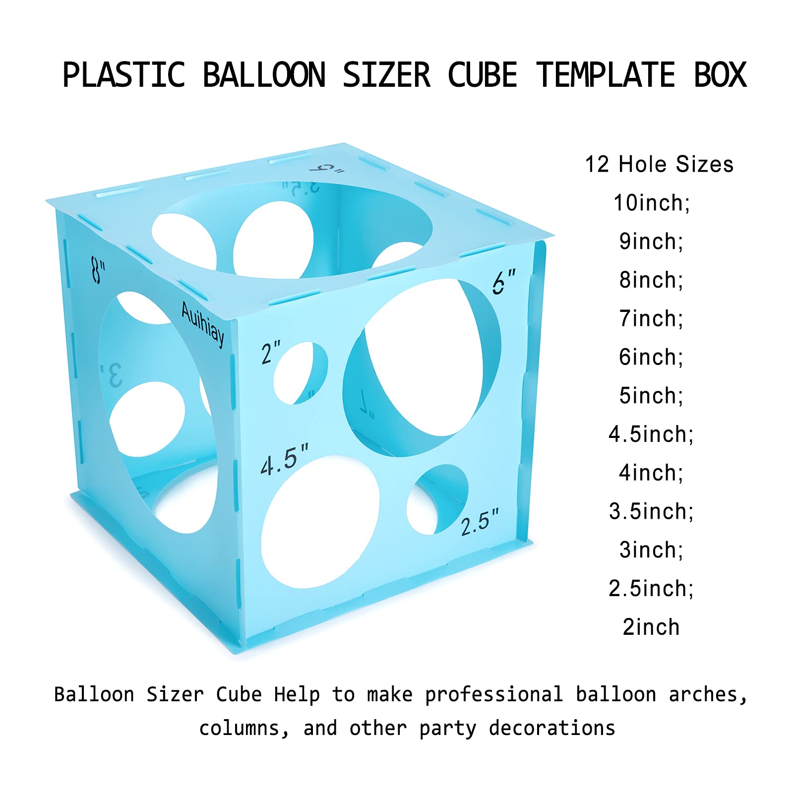  Auihiay 14 Holes Balloon Sizer Cube, Plastic Blue Balloon Size  Measurement Tool for Balloon Arches and Balloon Decorations (1-10 Inch) :  Everything Else